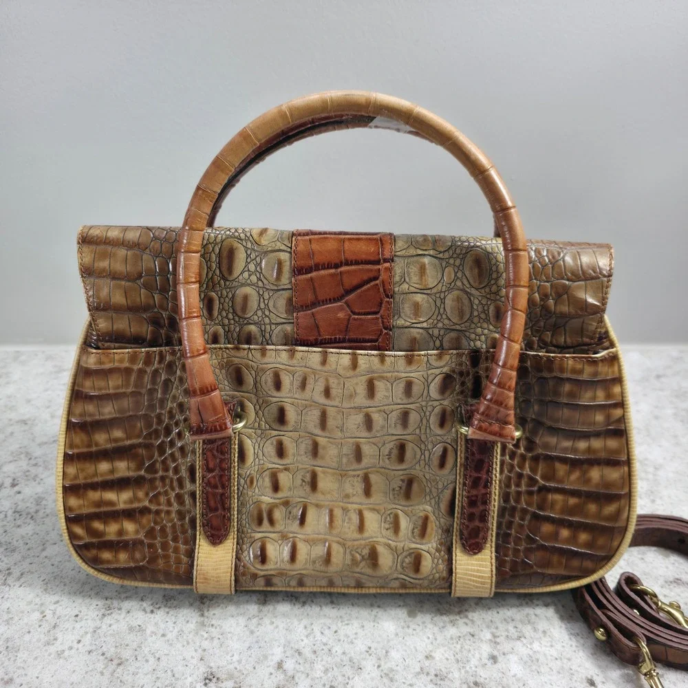 Brahmin Tricolor Collection Brown Croc Embossed Leather Satchel Handbag